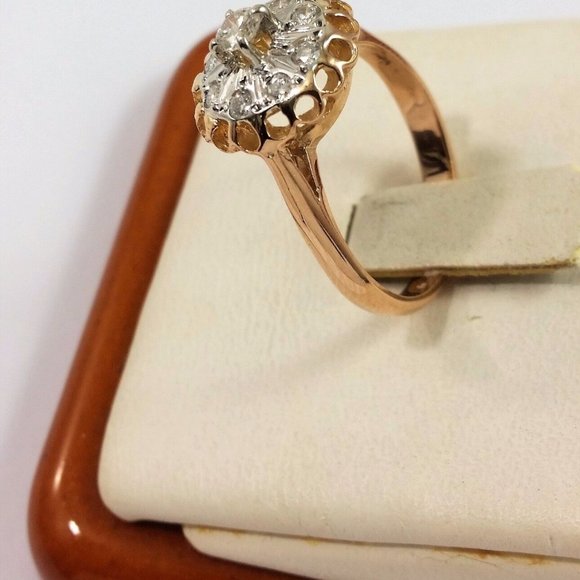 Exquisite 14K Karat 585 Stamp Solid Two Tone Multi Color Gold Ring with Diamonds - Picture 10 of 12